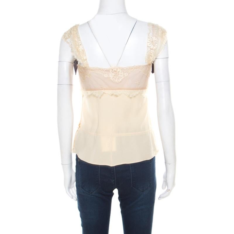 Beige Valentino Buttercream Crepe Bow Detail Lace Babydoll Top L