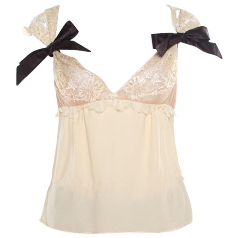 Valentino Buttercream Crepe Bow Detail Lace Babydoll Top L