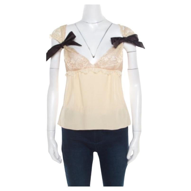 Valentino Buttercream Crepe Bow Detail Lace Babydoll Top L en vente