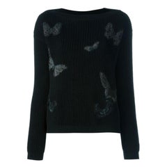 Valentino Butterfly-Appliquéd Ribbed-Knit Sweater 