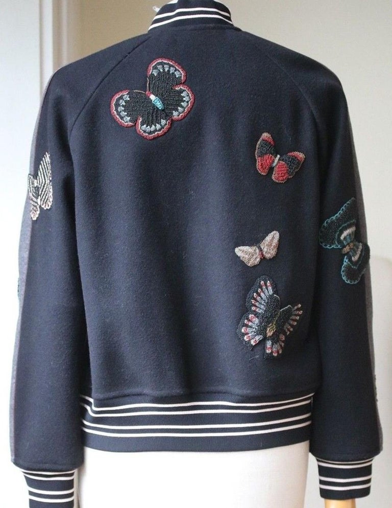 Valentino Butterfly Beaded Virgin-Wool Bomber Jacket In Excellent Condition For Sale In London, GB