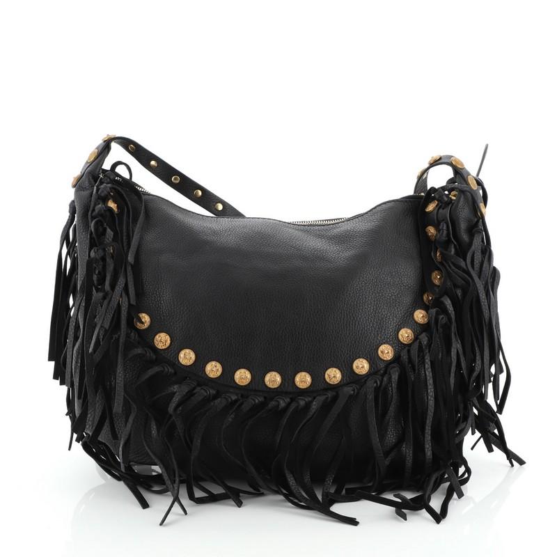 Valentino C-Rockee Fringe Hobo Studded Leather Large In Good Condition In NY, NY
