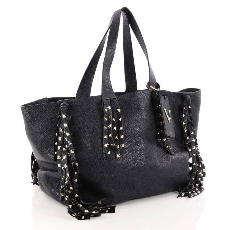 Black Valentino C-Rockee Fringe Tote Studded Leather Large
