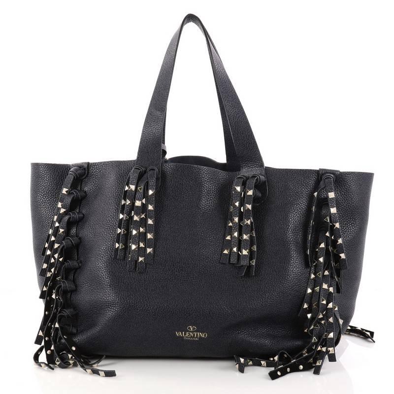 Valentino C-Rockee Fringe Tote Studded Leather Large In Good Condition In NY, NY