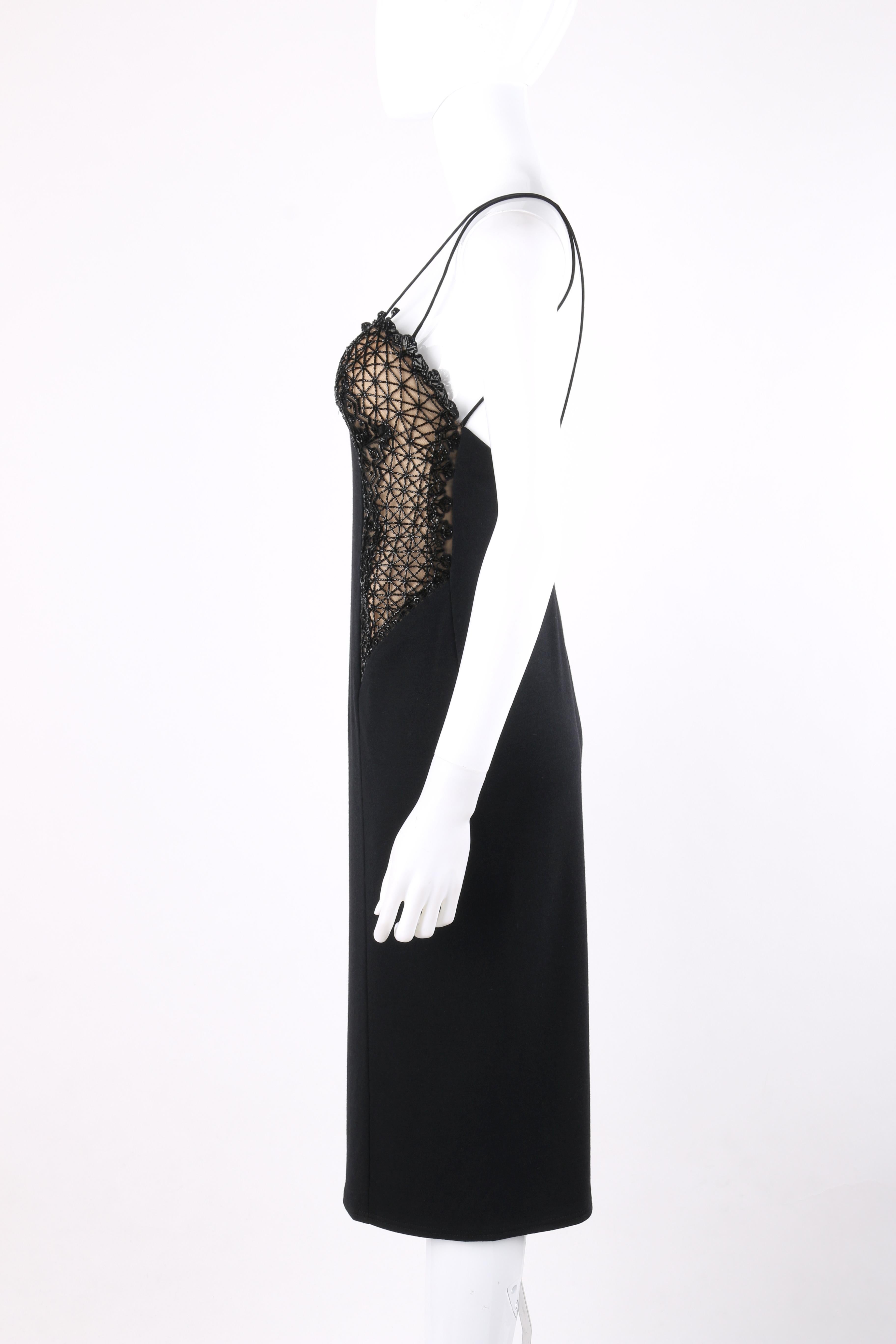 VALENTINO c.1990s Black Beaded Sheer Top Sweetheart Sleeveless Sheath Dress In Good Condition In Thiensville, WI