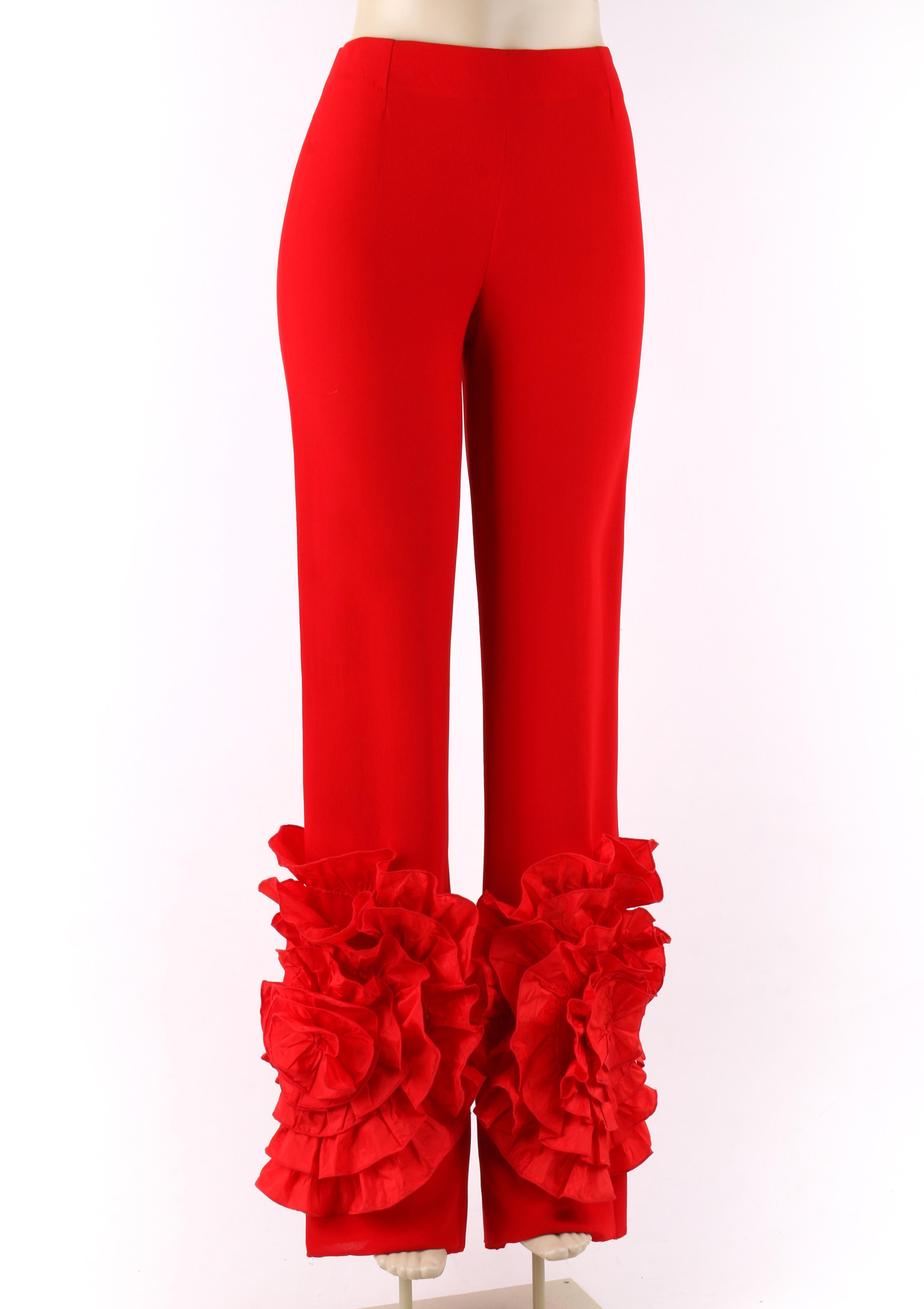 VALENTINO c.2000's Red Silk Flamenco Floral Ruffle Trouser Pants NWT
 
Estimated Retail: $2,550
 
Brand / Manufacturer: Valentino
Manufacturer Style Name:Trousers 
Color(s): Red 
Lined: No
Marked Fabric Content: 100% Silk 
Additional Details /