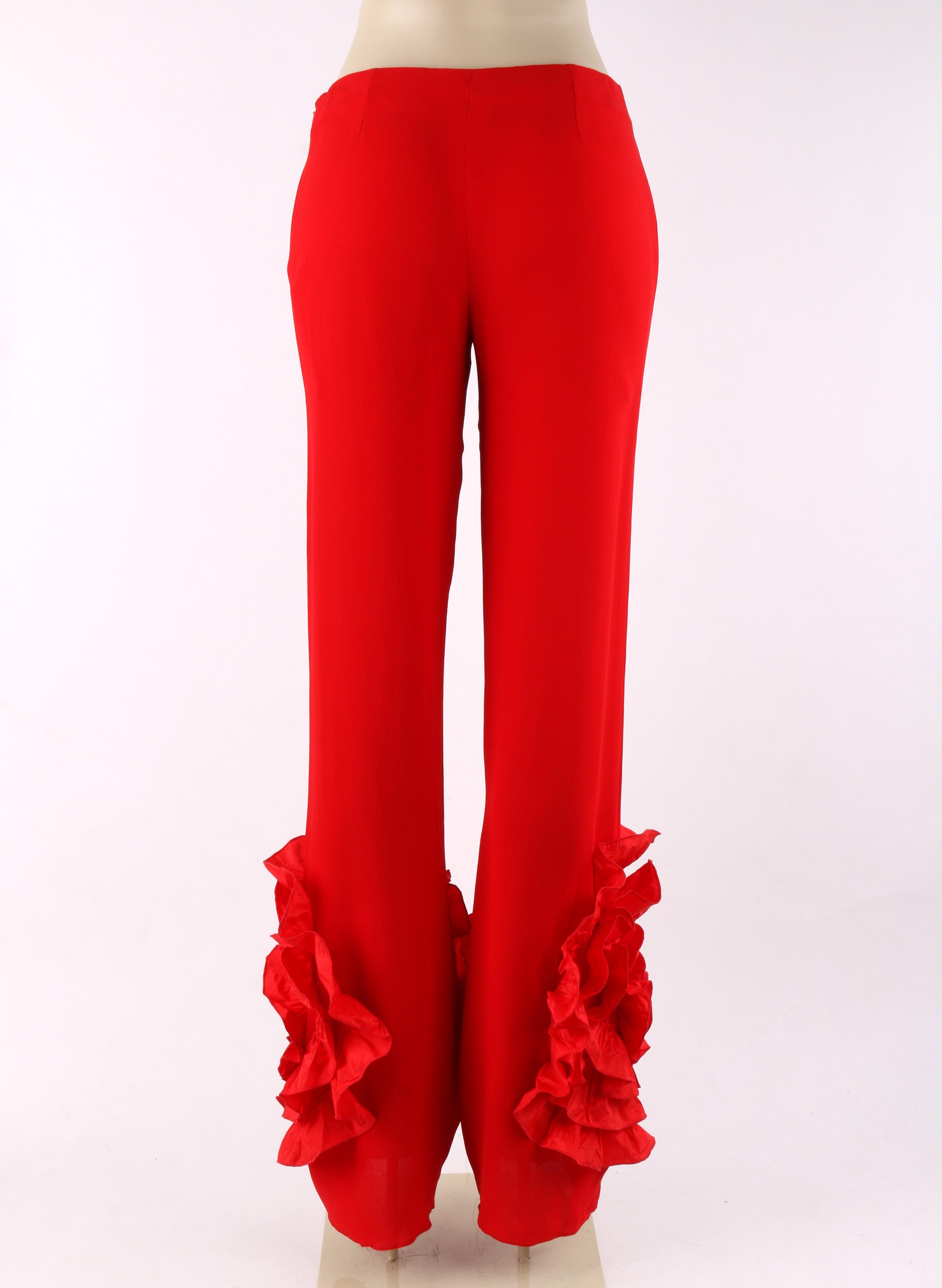 VALENTINO c.2000's Red Silk Flamenco Floral Ruffle Trouser Pants NWT In Excellent Condition In Thiensville, WI