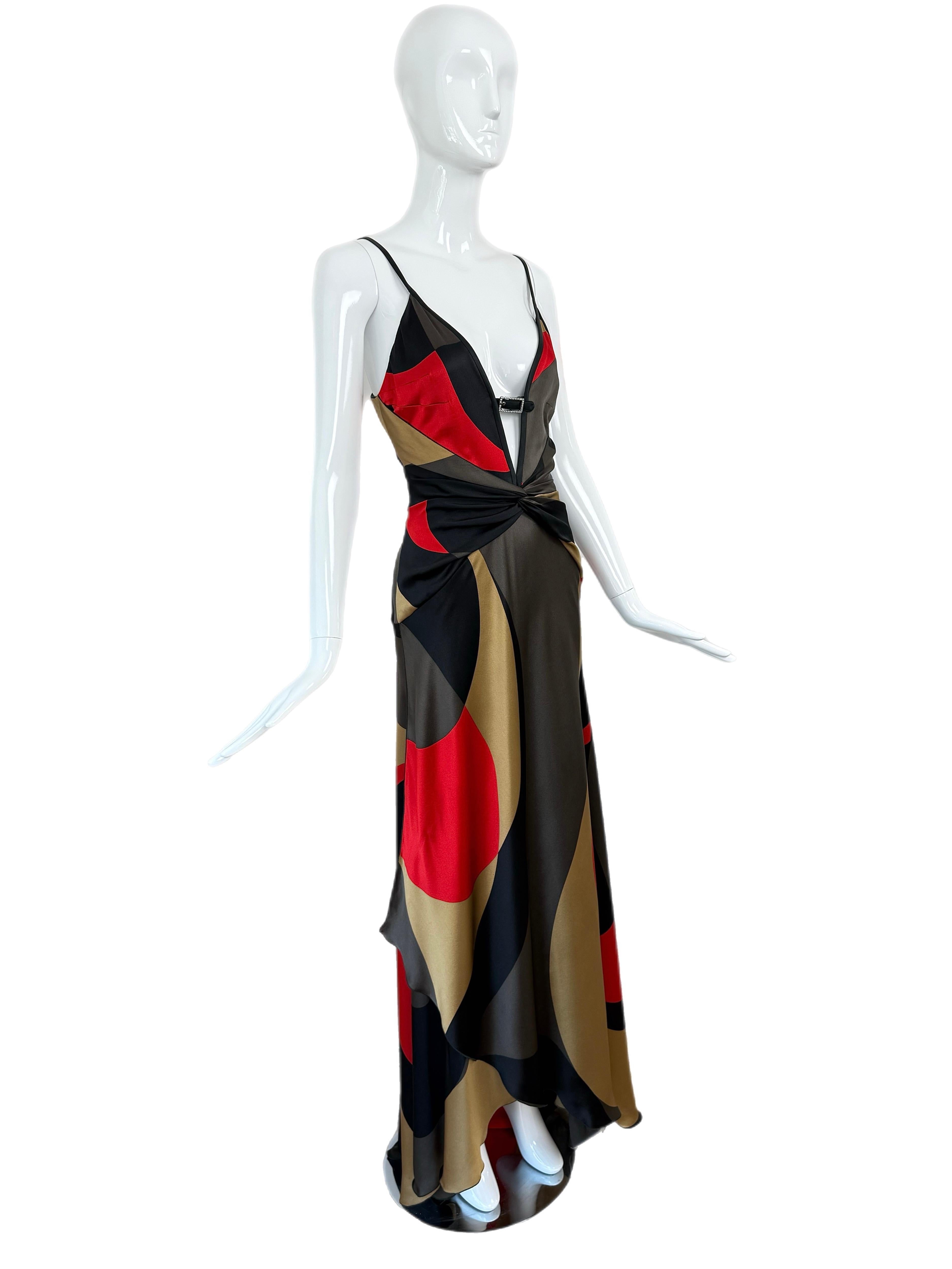 Women's VALENTINO c.2004 Vintage Silk Crystal Plunge Gown Maxi Dress Slit Red Carpet
