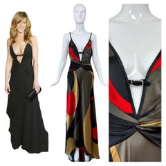 VALENTINO c.2004 Vintage Silk Crystal Plunge Gown Maxi Dress Slit Red Carpet