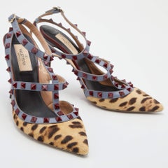 Valentino Calf Hair and Leather Rockstud Caged Ankle Strap Pumps Size 38
