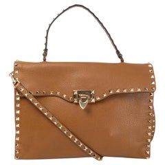 VALENTINO camel brown grainy leather ROCKSTUD Top Handle Bag