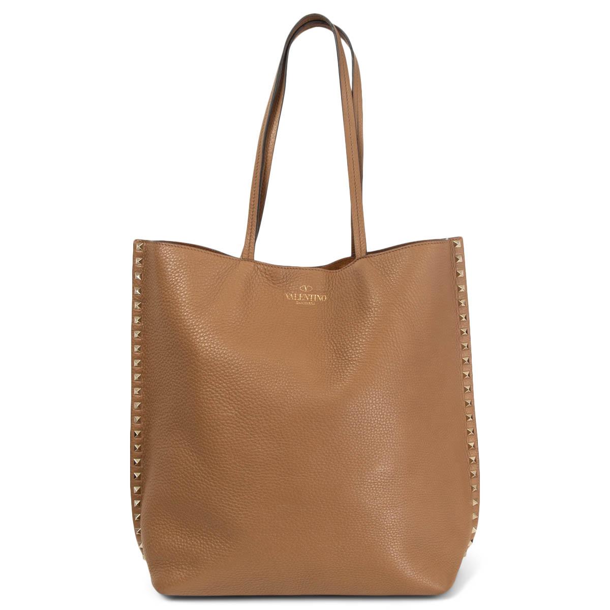 VALENTINO camel brown grainy leather ROCKSTUD Tote Bag