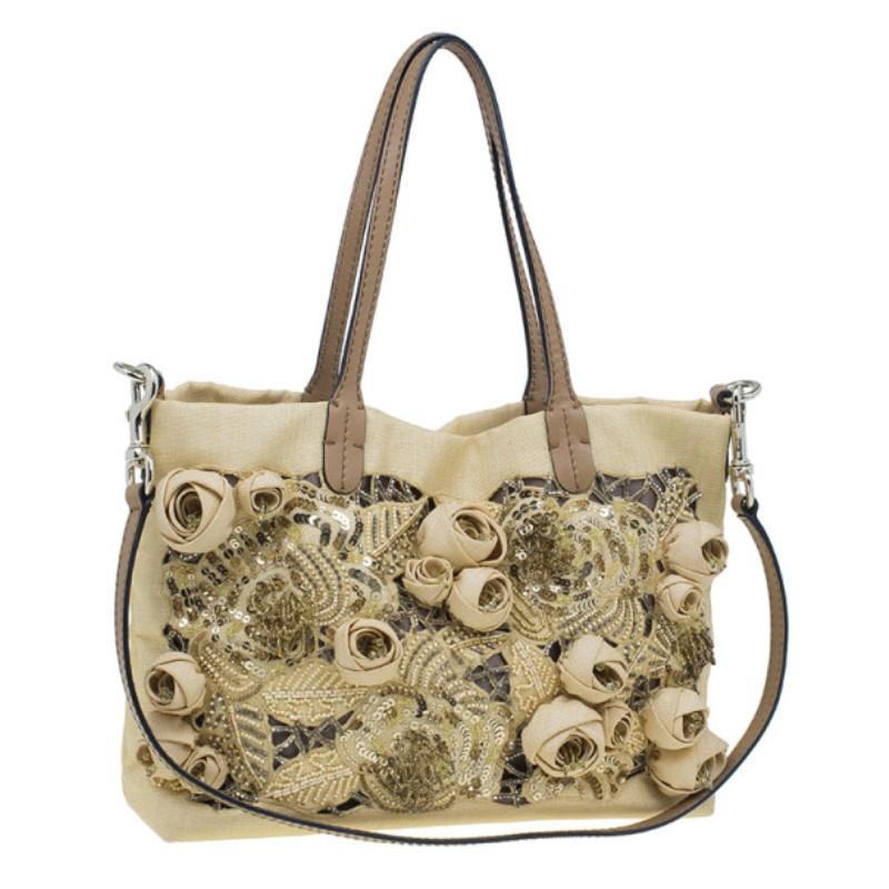 Valentino Camel Canvas Small Sequin Beaded Floral Applique Tote In Excellent Condition In Dubai, Al Qouz 2