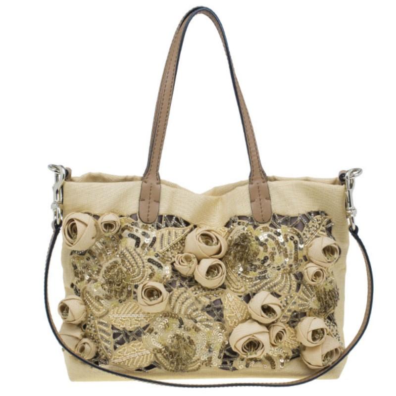 Valentino Camel Canvas Small Sequin Beaded Floral Applique Tote