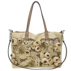 Valentino Camel Canvas Small Sequin Beaded Floral Applique Tote