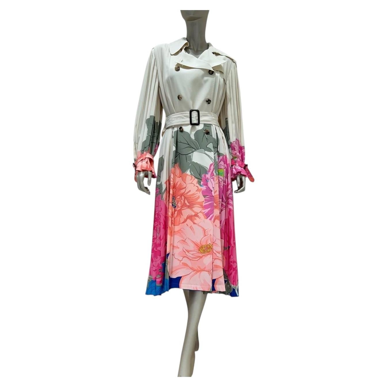 Valentino Camellia Silk Pleated Avorio & Fuchsia Trench Coat Sz.42