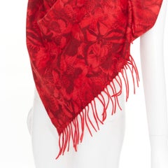 VALENTINO Camubutterfly 100% cashmere red butterfly floral print fringed scarf