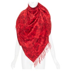 VALENTINO Camubutterfly 100% cashmere red butterfly floral print fringed scarf