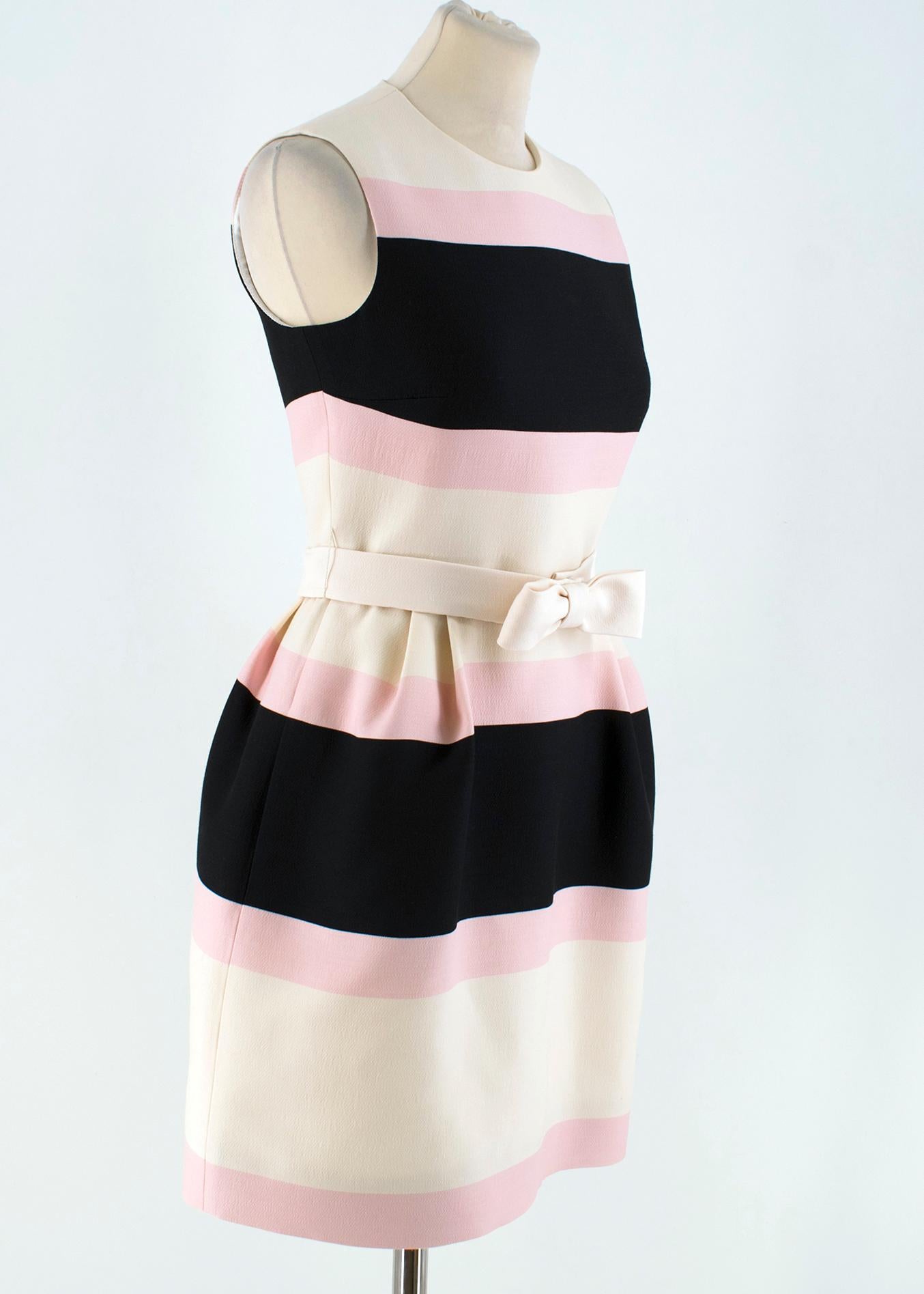 Valentino Striped Wool & Silk-blend Dress

- White, pink & black, lightweight, wool & silk-blend dress
- Striped
- Scoop neck
- Sleeveless
- Centre-back hook-and-eye and zip fastening
- Ruched waist
- Belt loops
- This item comes with a bow