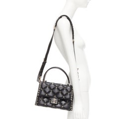 VALENTINO Candystud black nappa lambskin gold studded turnlock 2 way satchel bag