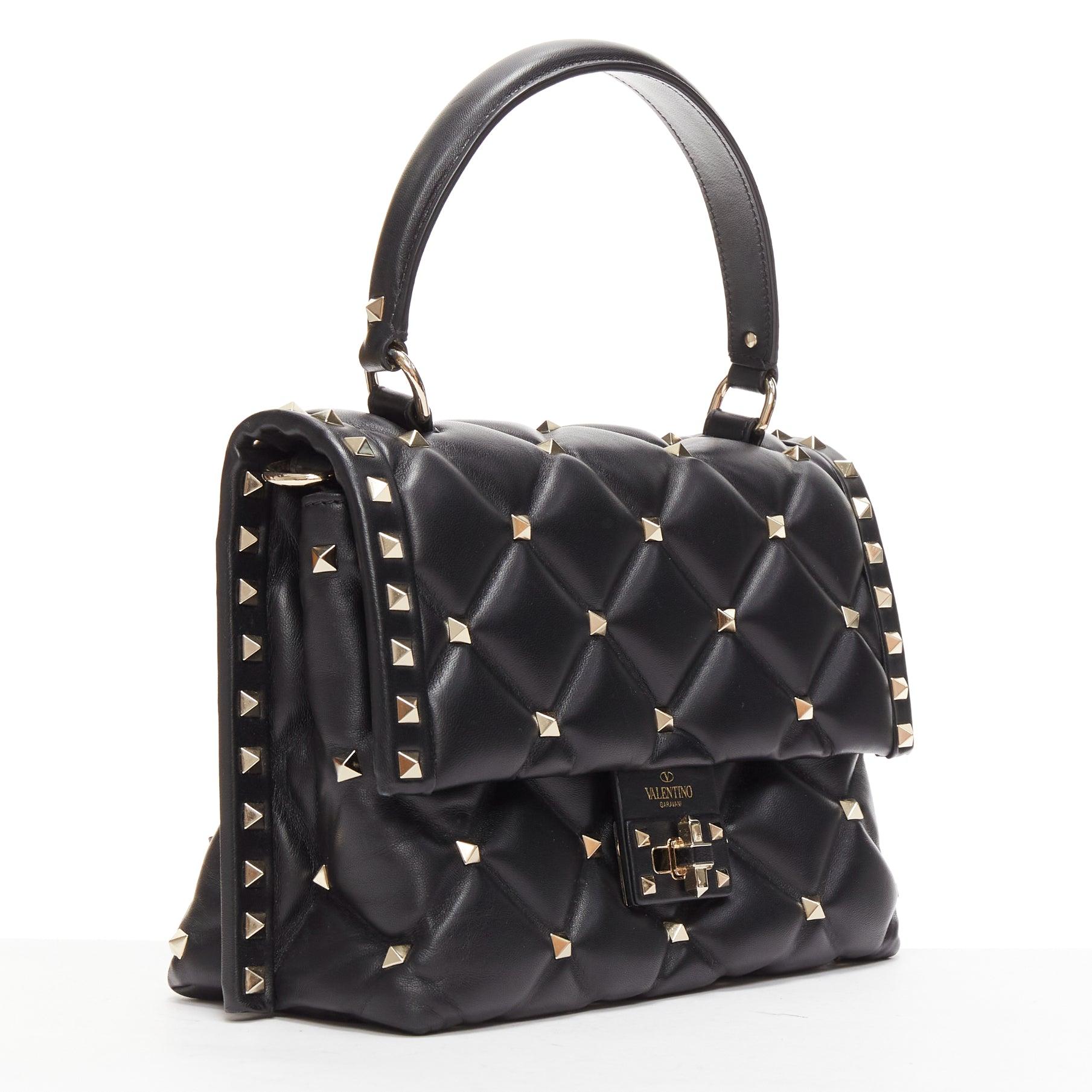 Black VALENTINO Candystud black nappa lambskin gold studded turnlock 2 way satchel bag For Sale