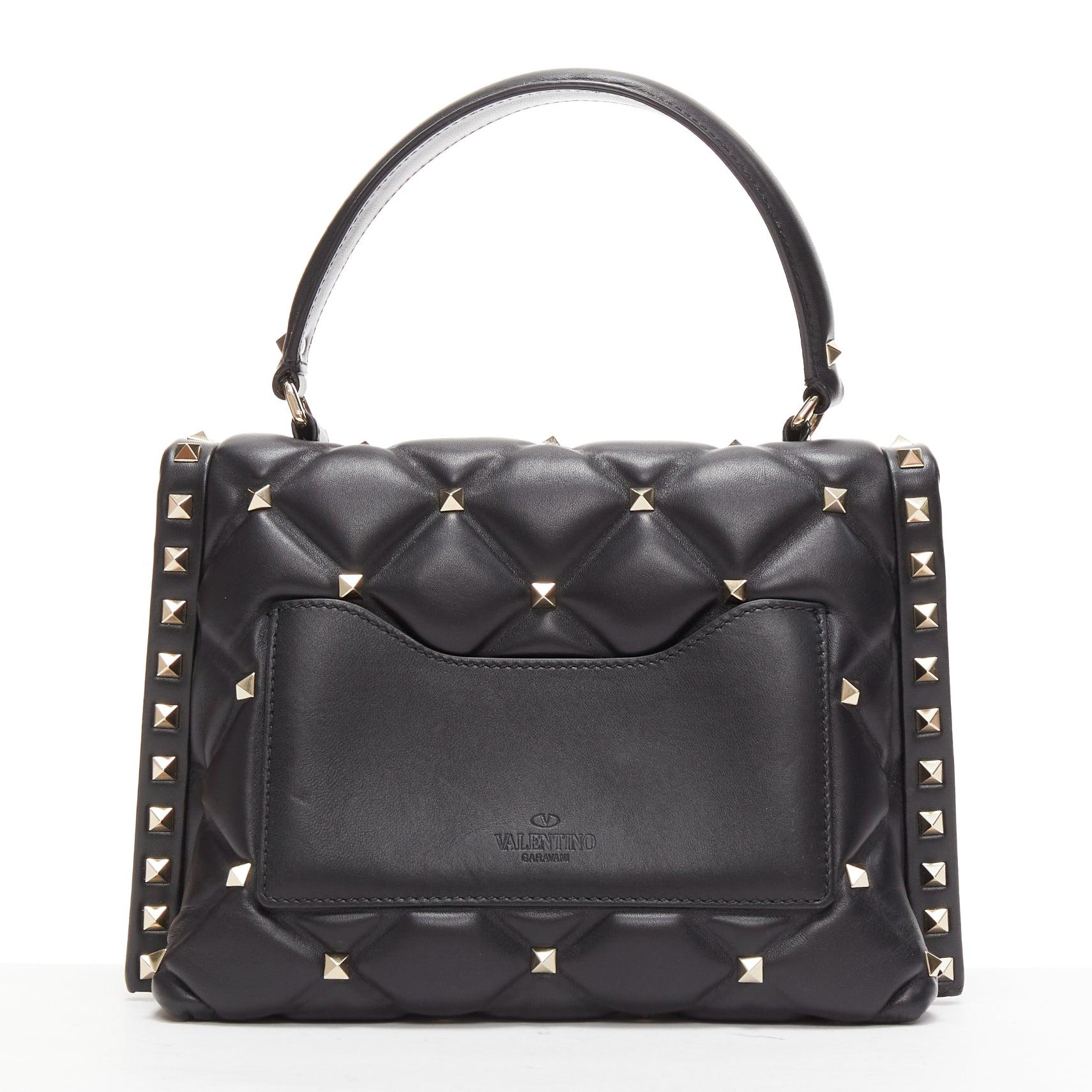 VALENTINO Candystud black nappa lambskin gold studded turnlock 2 way satchel bag For Sale 1