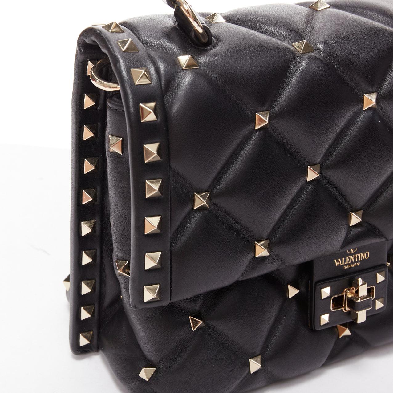 VALENTINO Candystud black nappa lambskin gold studded turnlock 2 way satchel bag For Sale 4