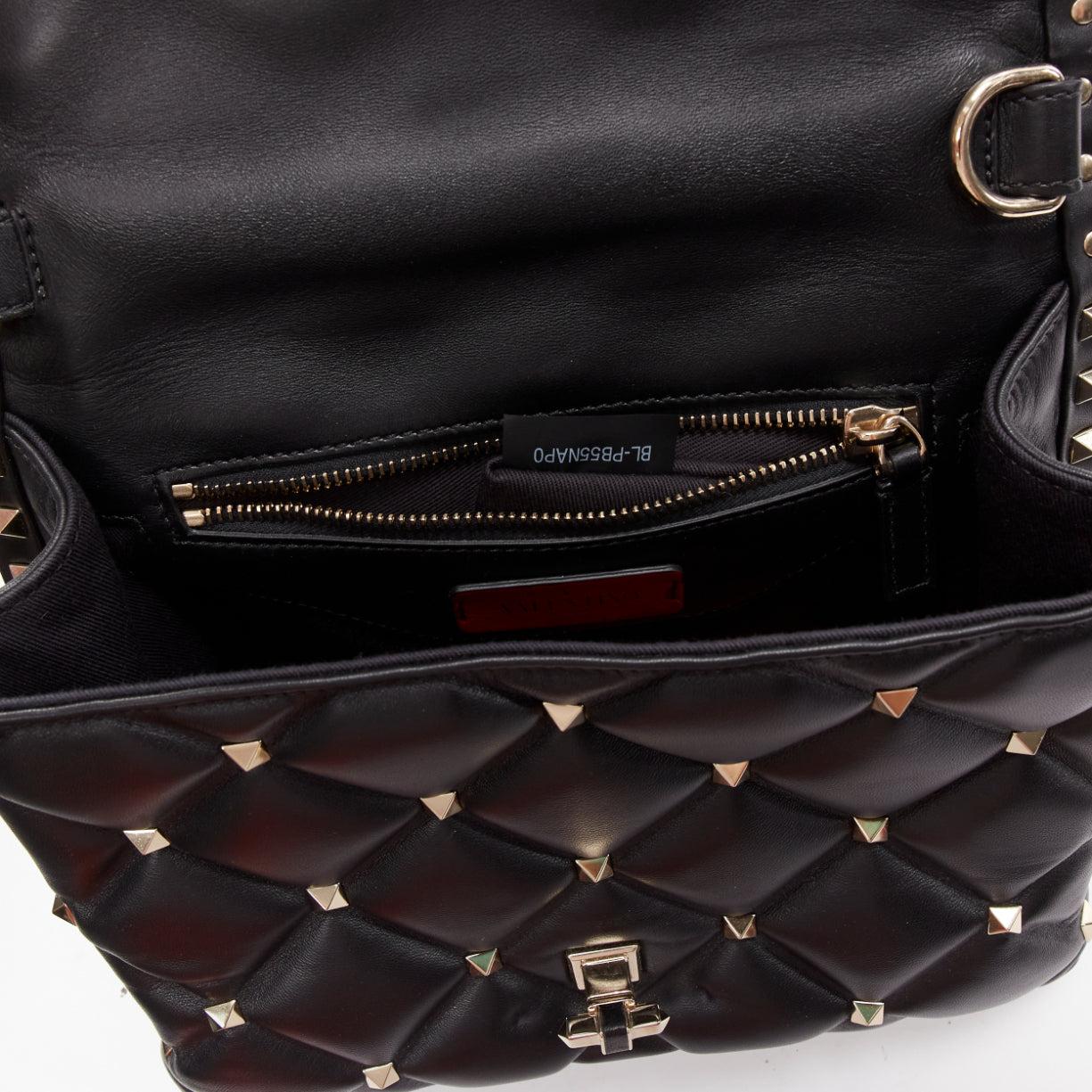 VALENTINO Candystud black nappa lambskin gold studded turnlock 2 way satchel bag For Sale 5