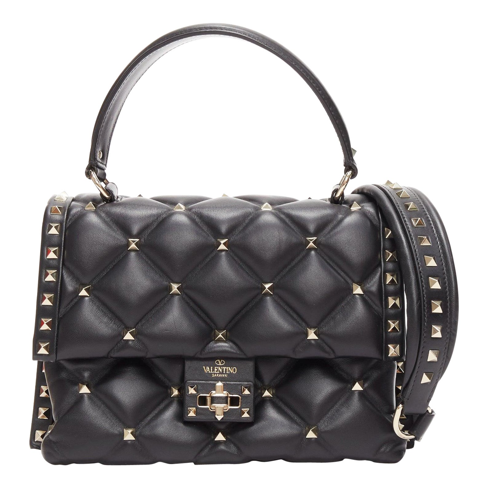 VALENTINO Candystud schwarzes Lammnappa-Leder mit goldenen Nieten und 2-Wege-Tasche mit Drehverschluss