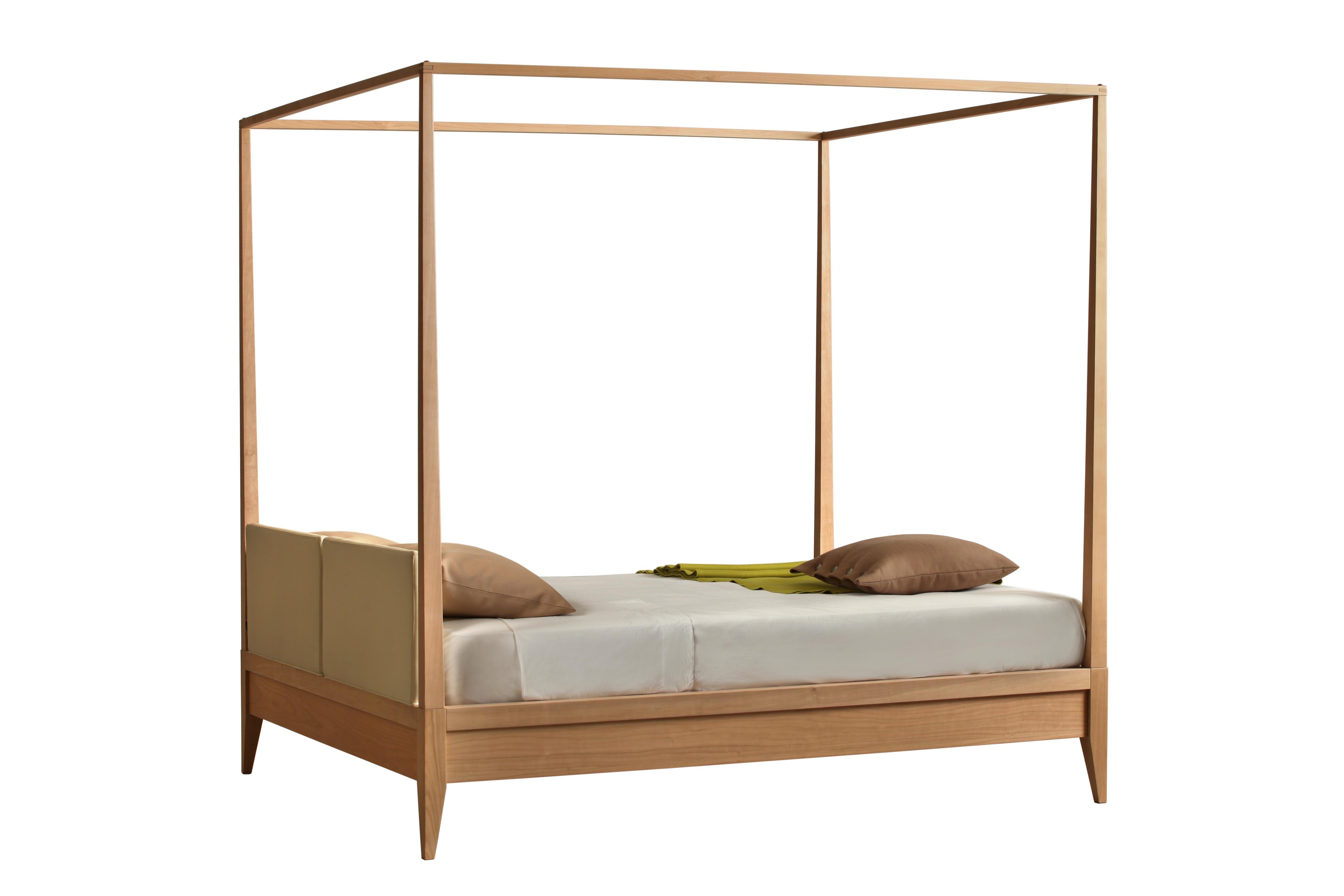 Italian Valentino Canopy Bed Made of Cherrywood with Upholstered Headboard, by Morelato