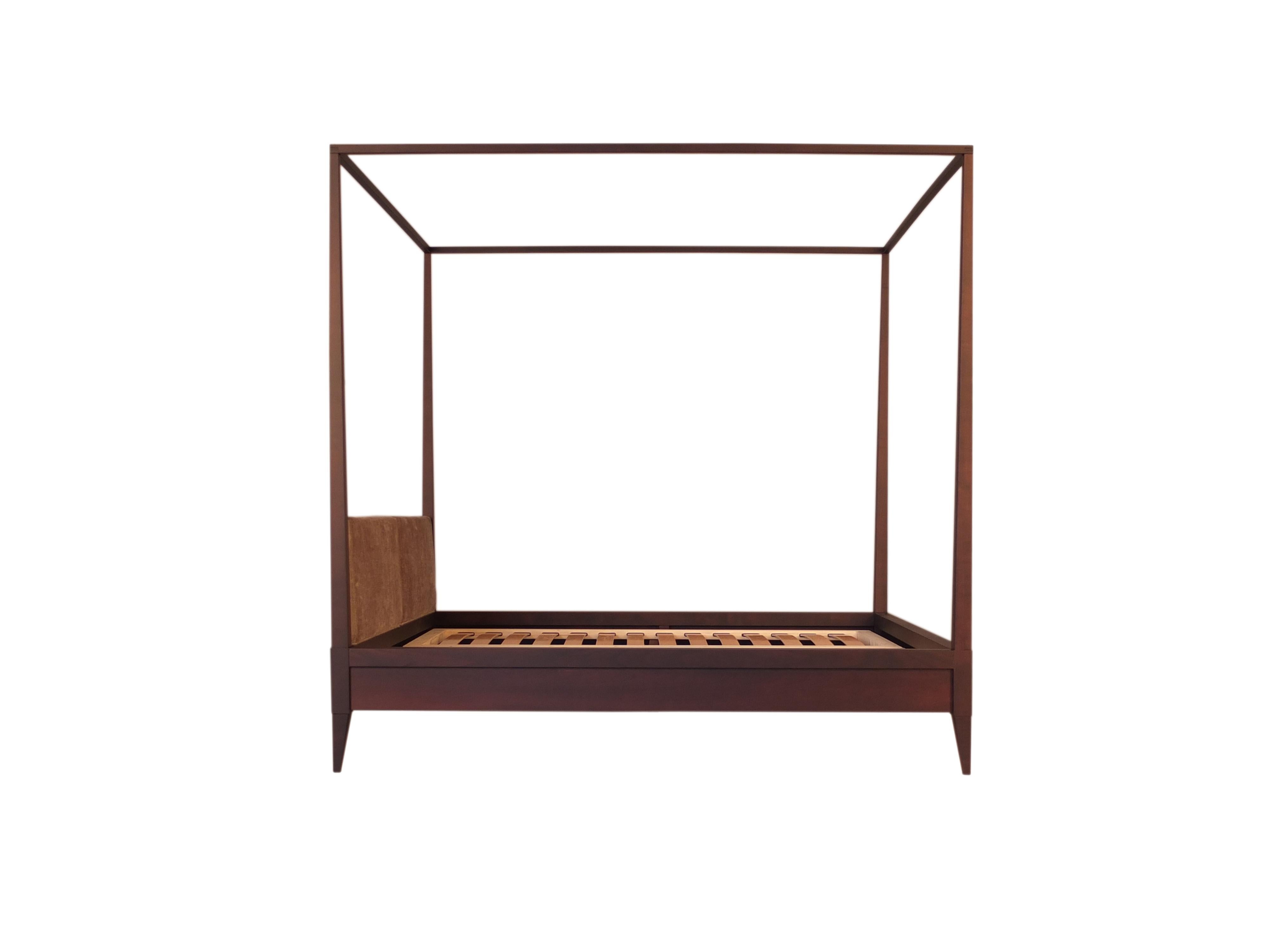 Leather Valentino Canopy Bed Made of Cherrywood with Upholstered Headboard, by Morelato