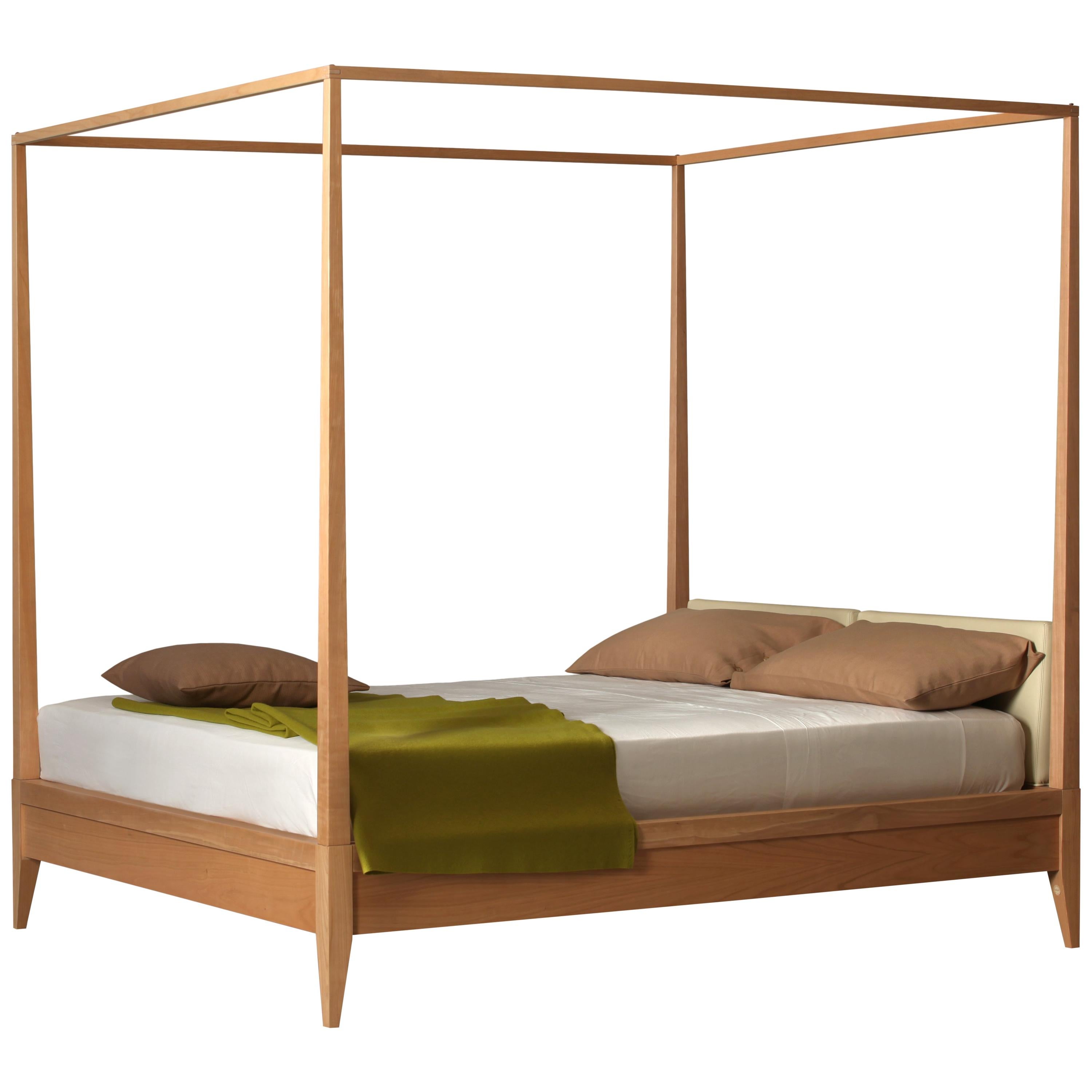 Valentino Canopy Bed Made of Cherrywood with Upholstered Headboard, by Morelato