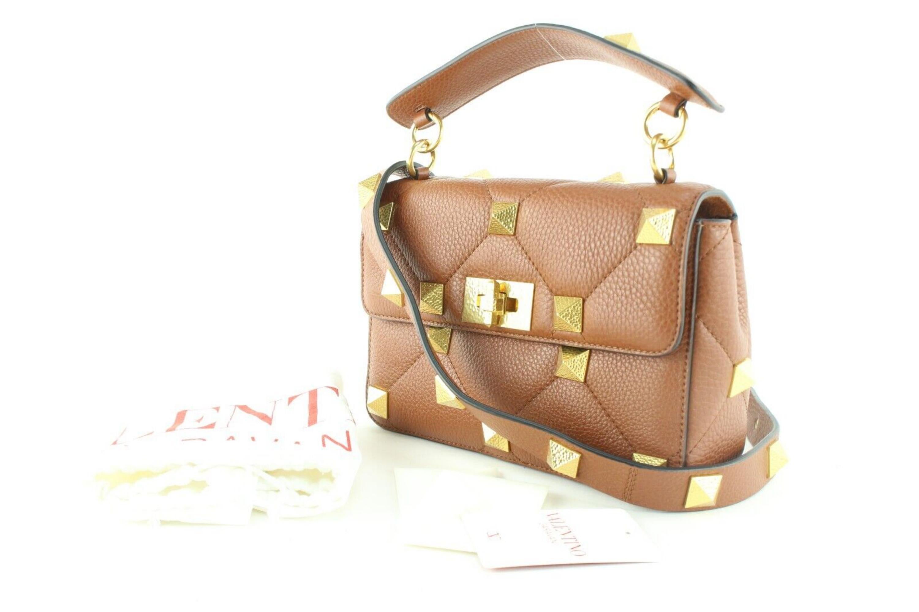 Valentino Caramel Brown Roma Stud 2way Crossbody Hammered GHW 1VAL0509 In New Condition For Sale In Dix hills, NY