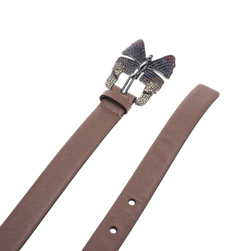 Women's Valentino Cedar Brown Leather Crystal Embellished Butterfly Buckle Belt 85 CM