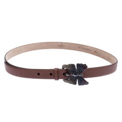 Valentino Cedar Brown Leather Crystal Embellished Butterfly Buckle Belt 85cm