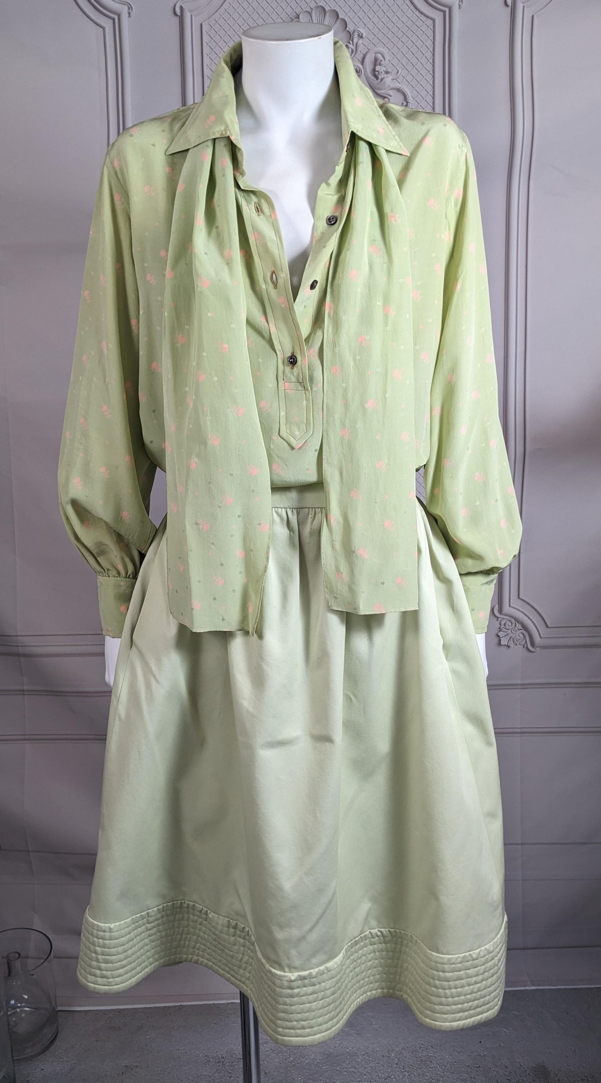 Charming Valentino Celadon Ensemble from the 1970's comprising a silk crepe printed shirt and scarf with cotton twill full skirt. Soft silk crepe de chine pink floral print on celadon base. Cotton twill full skirt with belt loops, pockets and