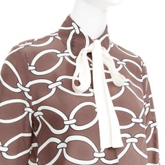 VALENTINO Chain 1967 brown cream crepe de chine silk tie neck blouse IT38 XS