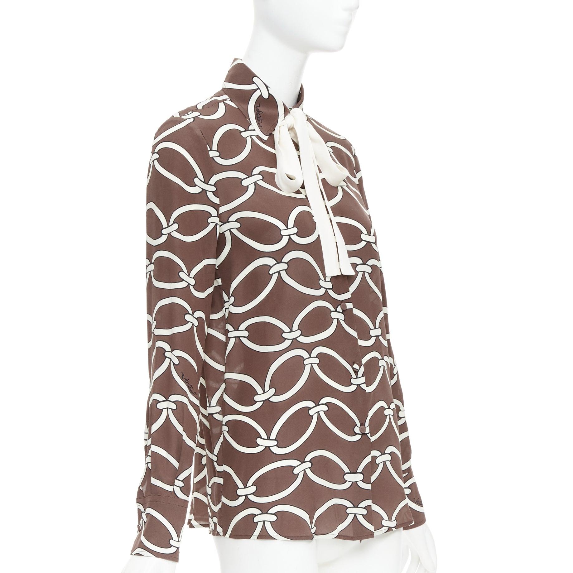 White VALENTINO Chain 1967 brown cream crepe de chine silk tie neck blouse IT38 XS For Sale