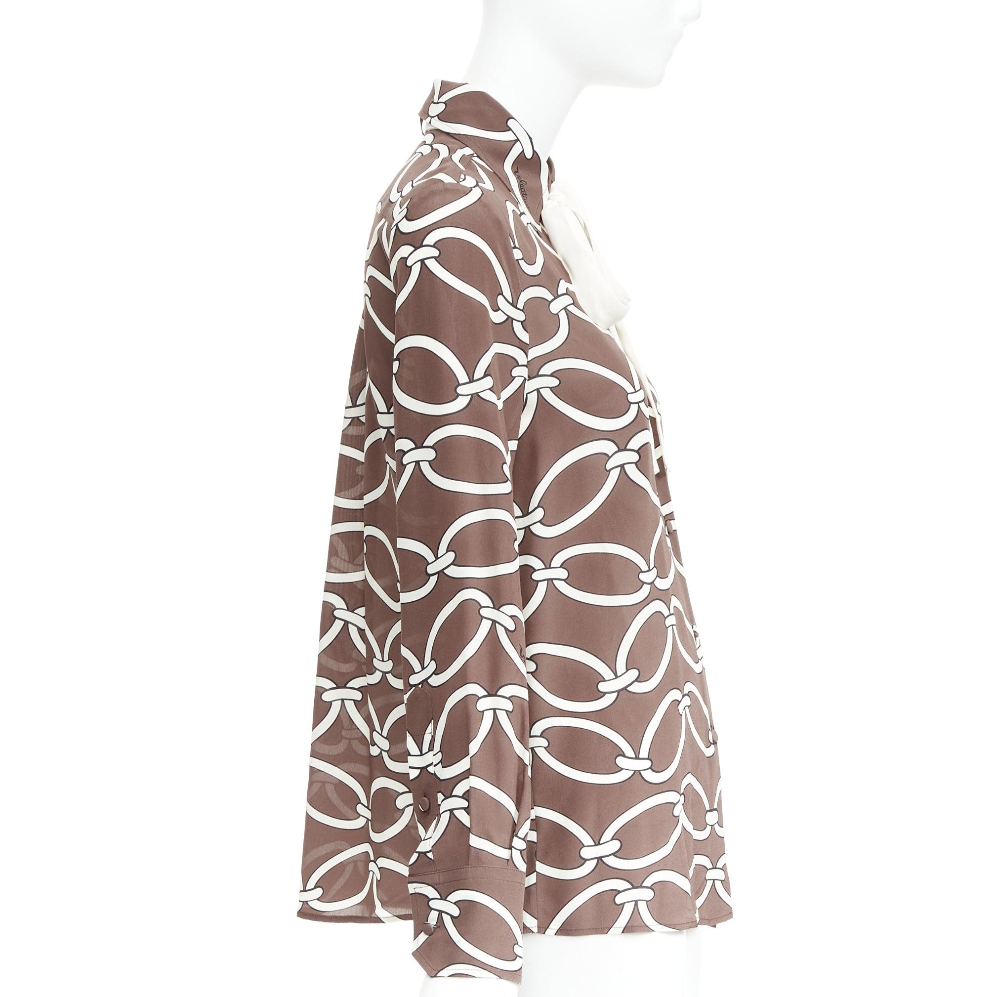 Women's VALENTINO Chain 1967 brown cream crepe de chine silk tie neck blouse IT38 XS For Sale