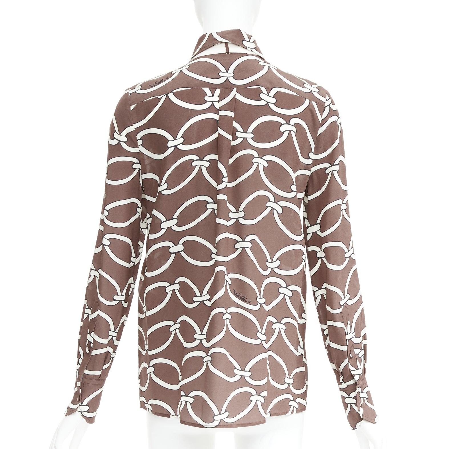 VALENTINO Chain 1967 brown cream crepe de chine silk tie neck blouse IT38 XS For Sale 1