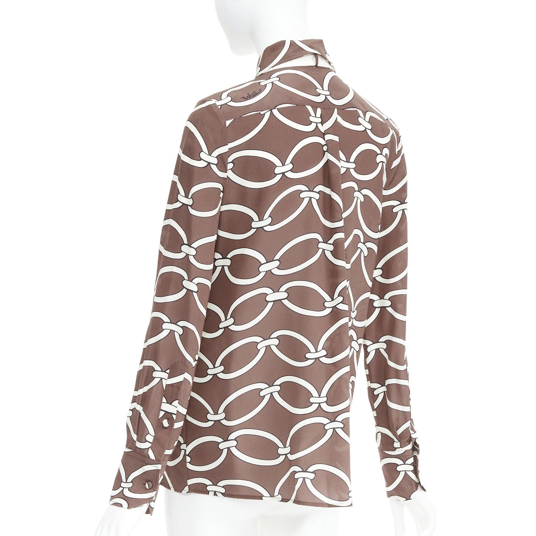 VALENTINO Chain 1967 brown cream crepe de chine silk tie neck blouse IT38 XS For Sale 2
