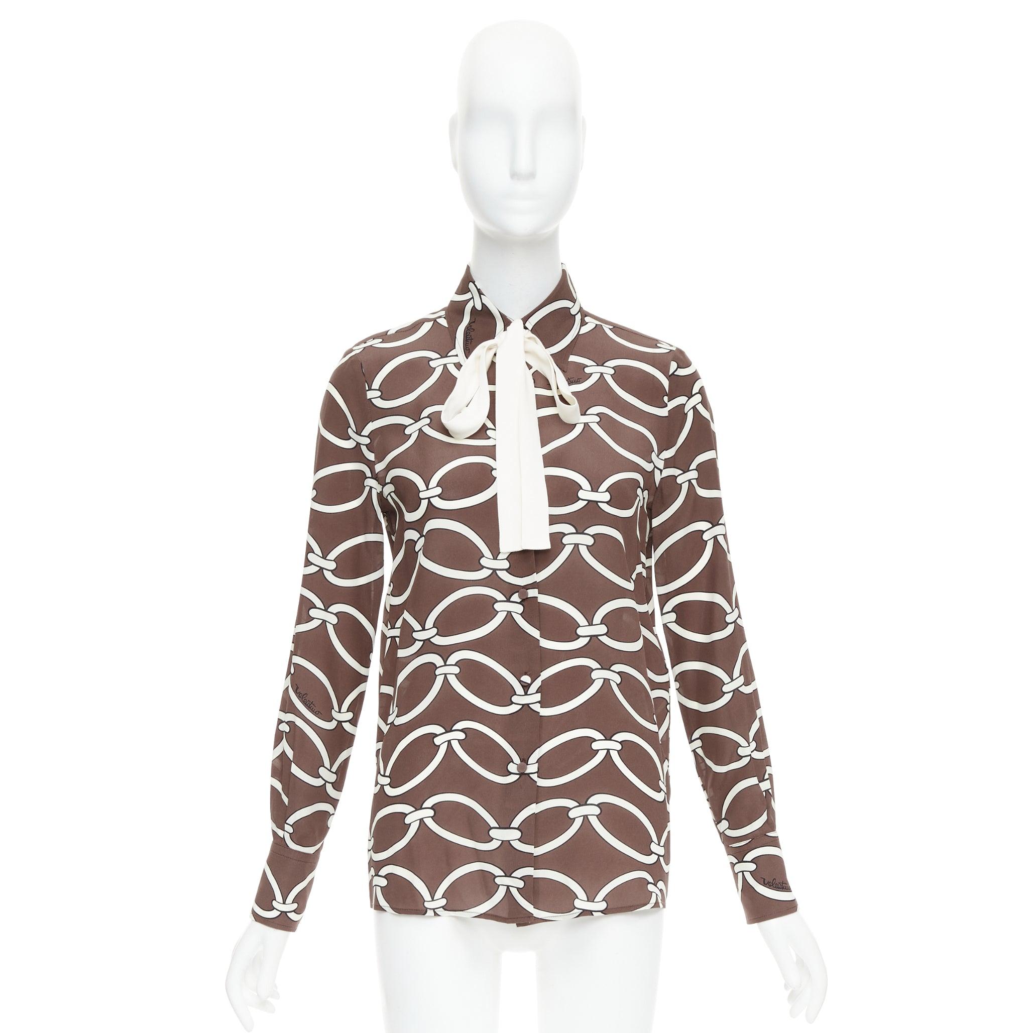 VALENTINO Chain 1967 brown cream crepe de chine silk tie neck blouse IT38 XS For Sale 5