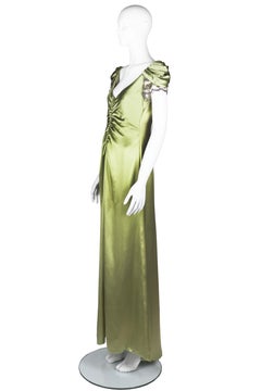Valentino- Chartreuse Silk Satin Evening Gown with Crystal Cap Sleeves 2007