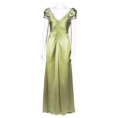 Valentino- Chartreuse Silk Satin Evening Gown with Crystal Cap Sleeves 2007