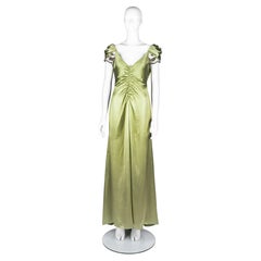 Valentino- Chartreuse Silk Satin Evening Gown with Crystal Cap Sleeves 2007