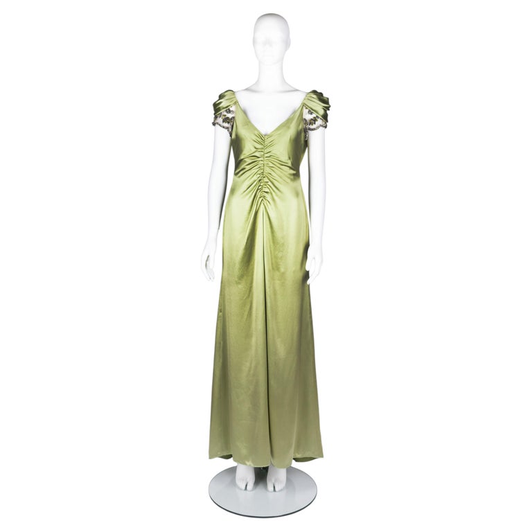 Valentino- Chartreuse Silk Satin Evening Gown with Crystal Cap Sleeves 2007 For Sale at 1stDibs Valentino- Chartreuse Silk Satin Evening Gown with Crystal Cap Sleeves 2007 For Sale at 1stDibs