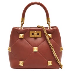 Valentino Chestnut Brown Leather Small Roman Stud Top Handle Bag