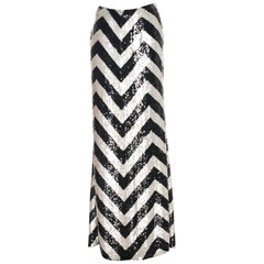 Valentino Chevron Pattern White and Black Silk Sequin Long Skirt It. 44 - US 6