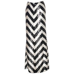 Valentino Chevron Pattern White and Black Silk Sequin Long Skirt It. 44 - US 6