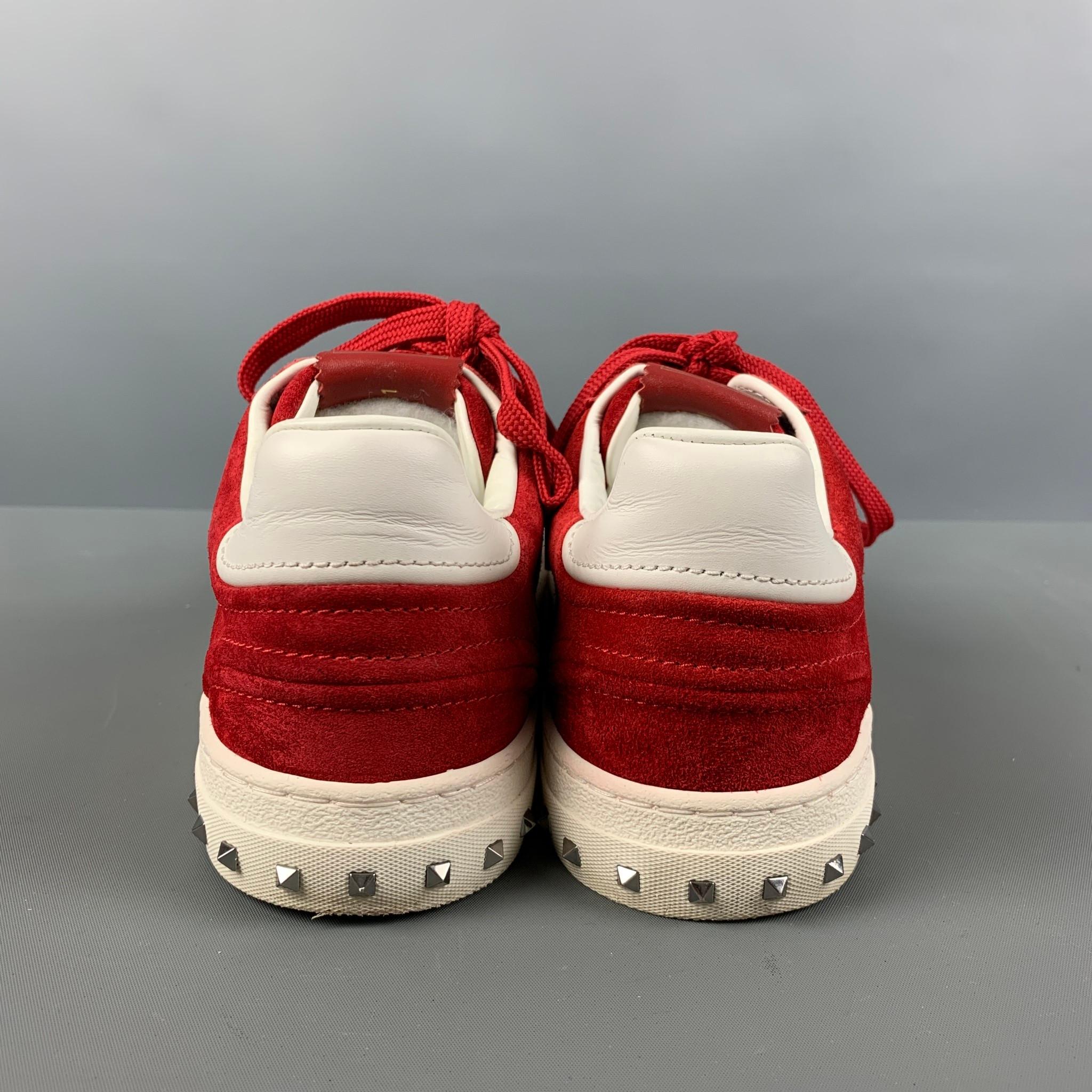 VALENTINO 'City Planet Rockstud' Size 8 Red White Studded Suede Sneakers In Good Condition In San Francisco, CA